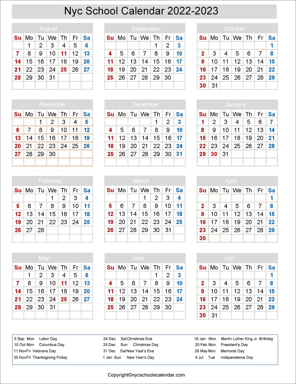 ️Nyc School Holidays Calendar 2022-2023