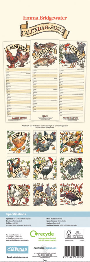 Emma Bridgewater, Farmyard Birds Slim Calendar - 2022 Slim