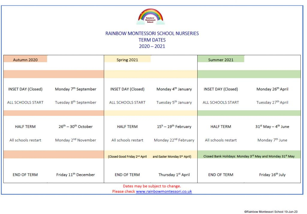 Events Calendar And Term Dates | Rainbow-Montessori