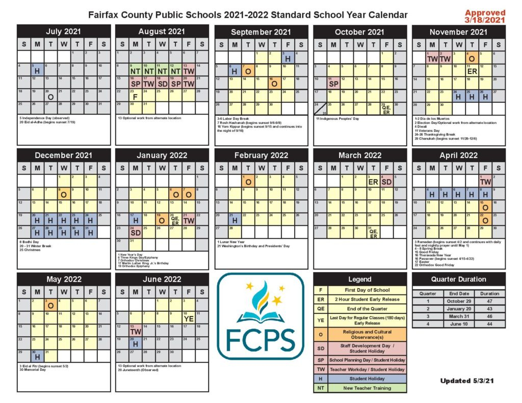 Fairfax County Public Schools Calendar 2021-2022 In Pdf