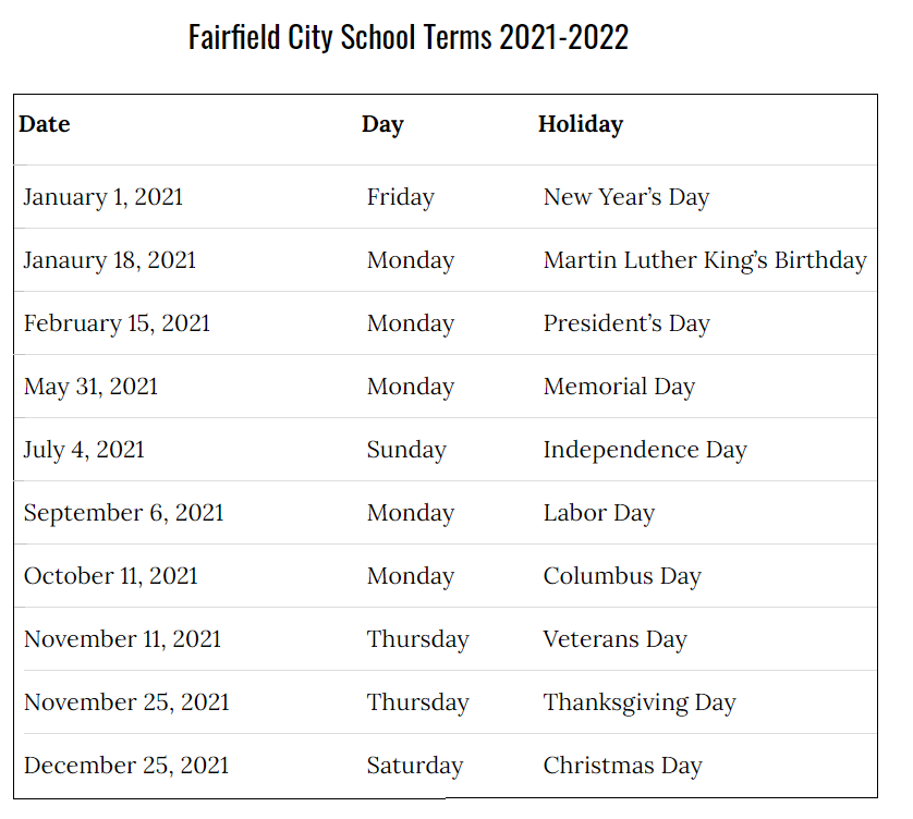Fairfield City School Calendar 2021-2022 - Us School Calendar