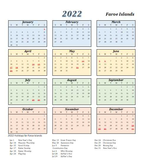 Faroe Islands 2022 Calendar With Holidays