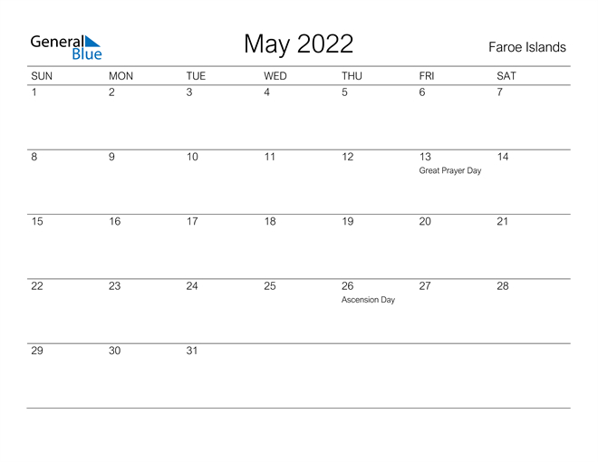 Faroe Islands May 2022 Calendar With Holidays