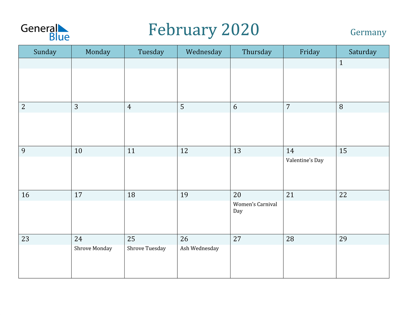 February 2020 Calendar - Germany
