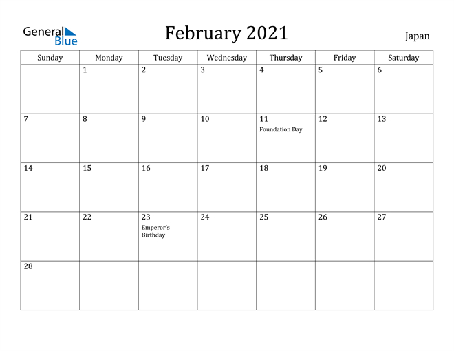 February 2021 Calendar - Japan