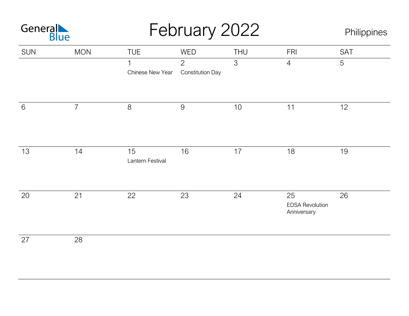 February 2022 Calendar - Philippines