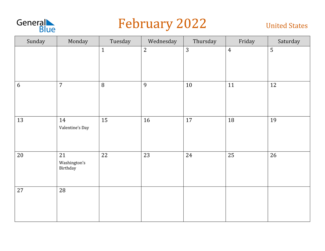 February 2022 Calendar - United States