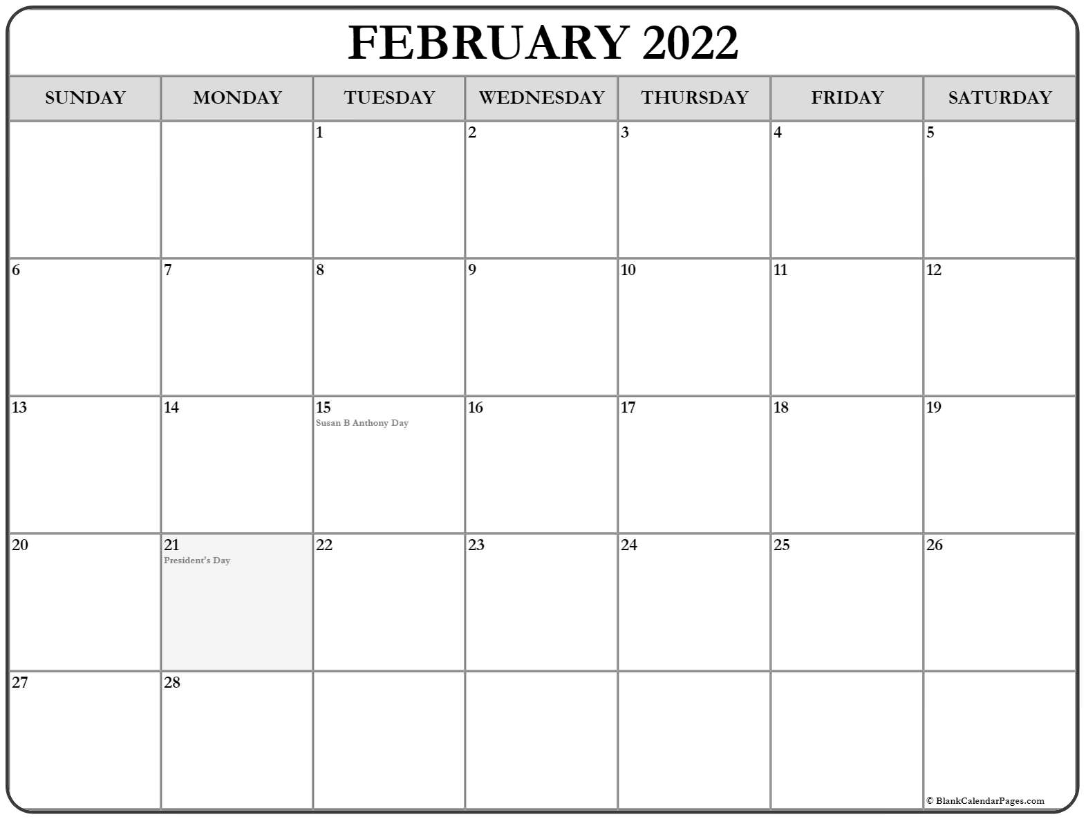 February 2022 With Holidays Calendar