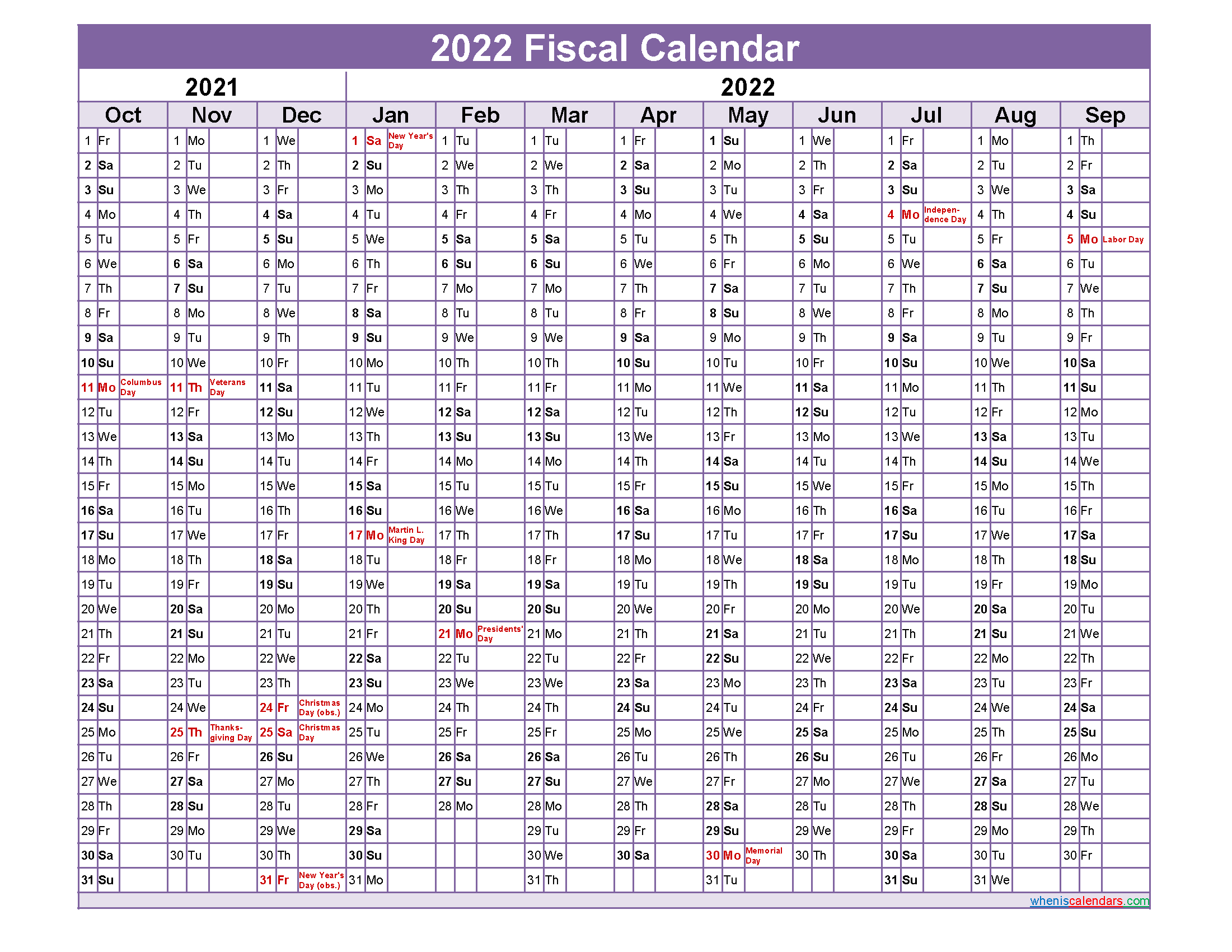 Federal Fiscal Year 2022 Calendar - Template No