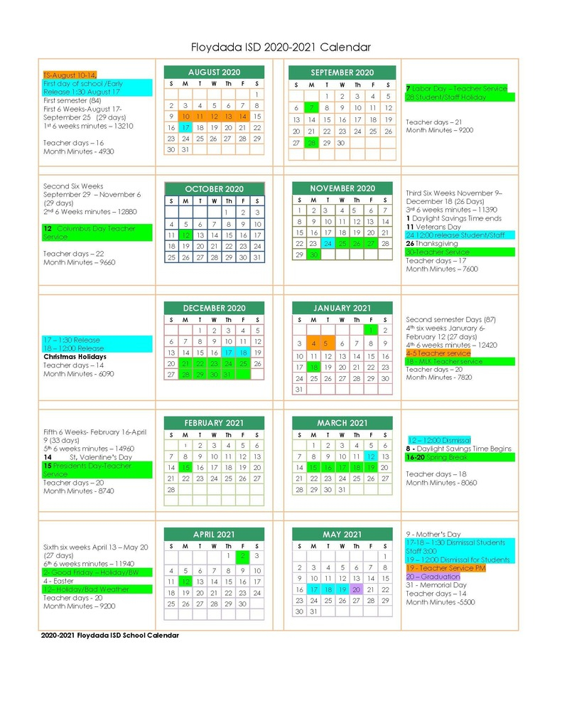 Floydada Independent School District Calendar 2021
