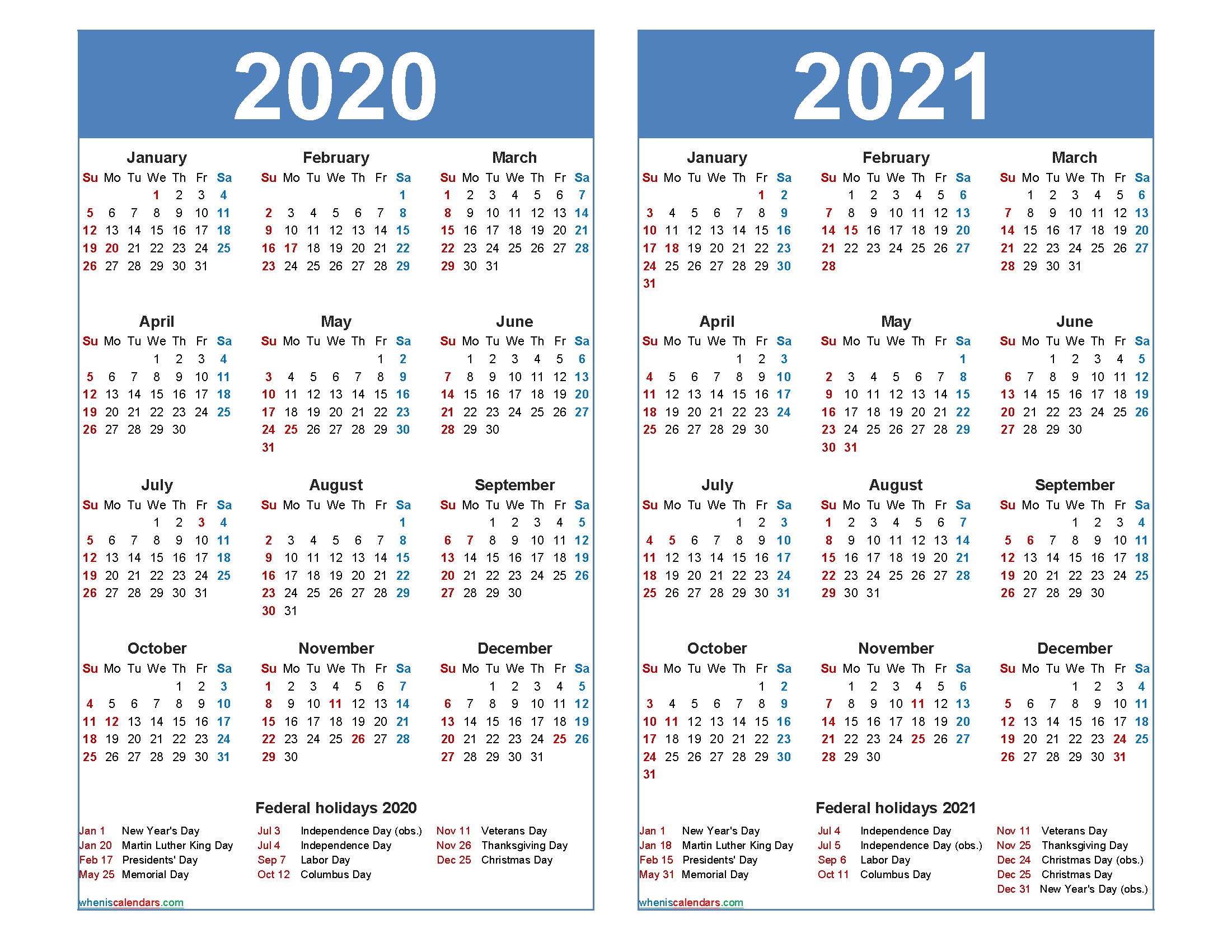 Free 2020 2021 Calendar Printable With Holidays