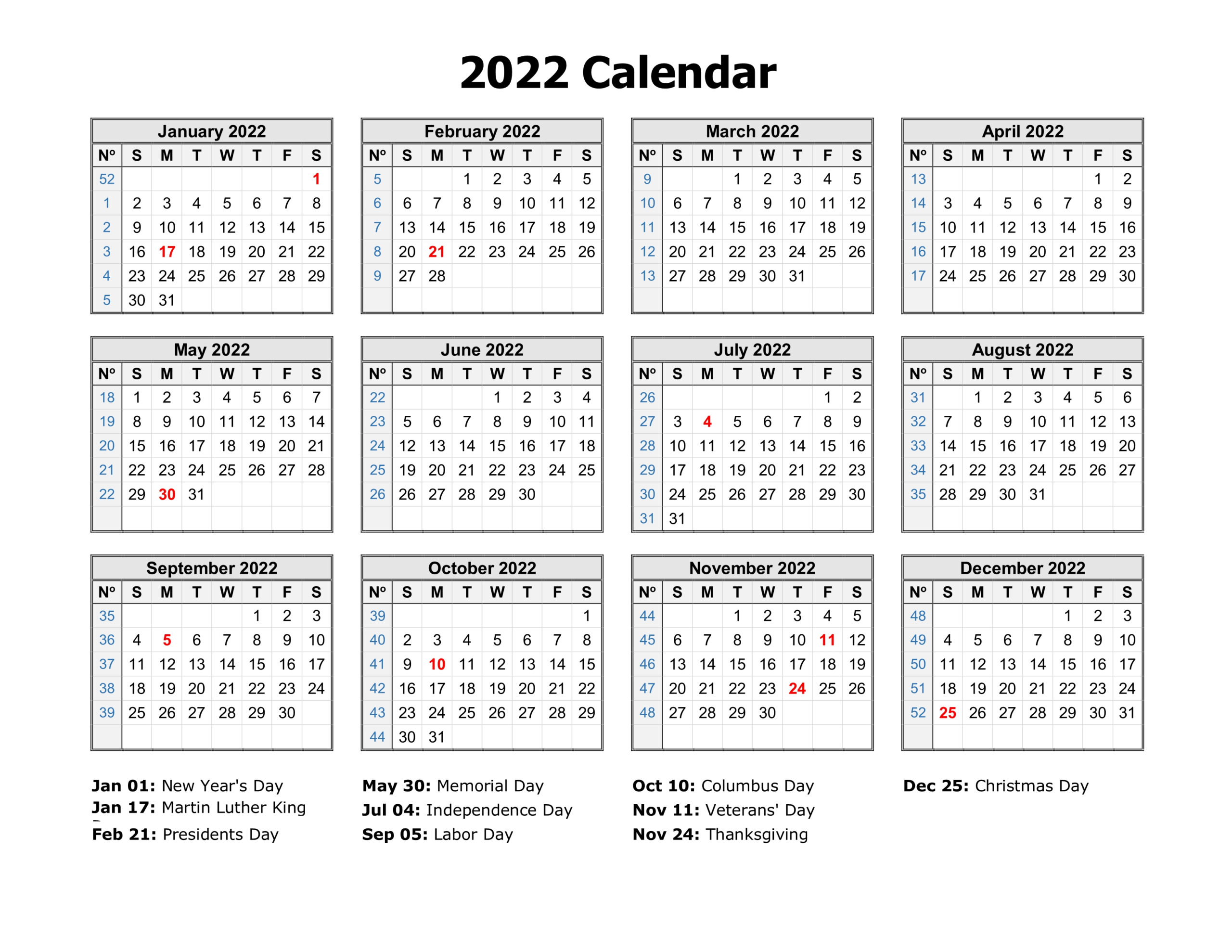Free Download Printable Calendar 2022 In One Page, Clean