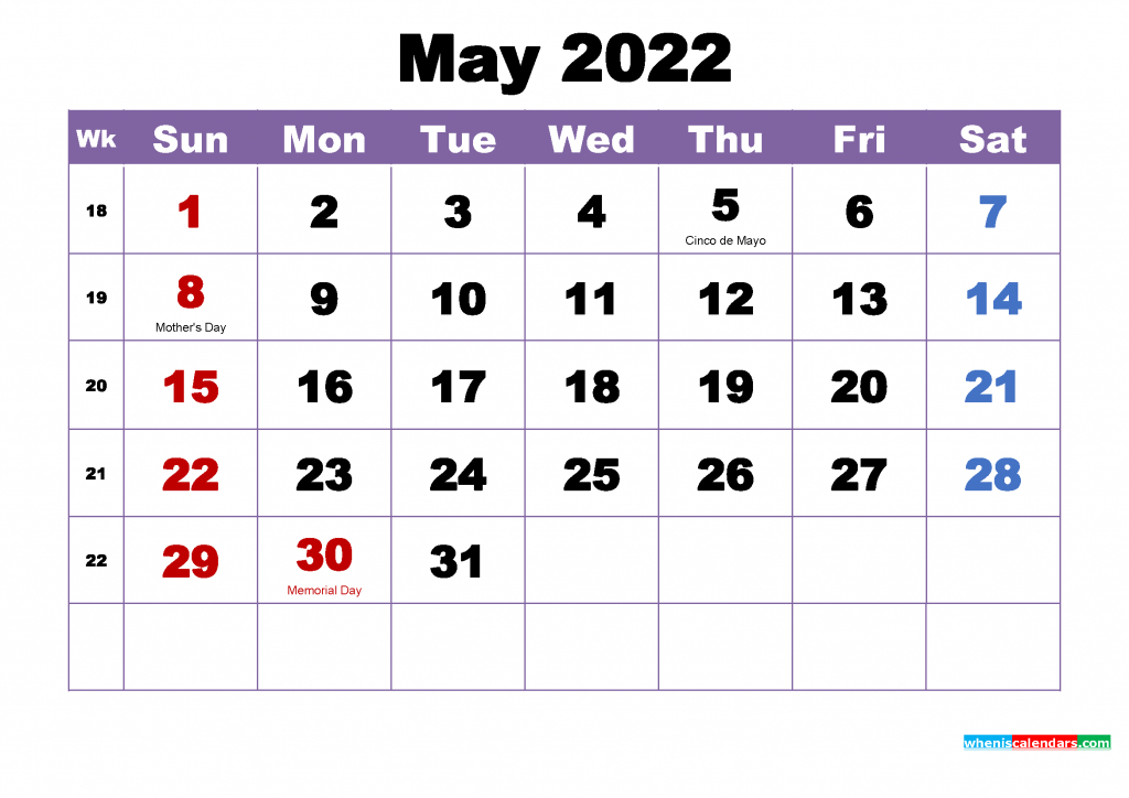 Free May 2022 Calendar With Holidays Printable Pdf - World