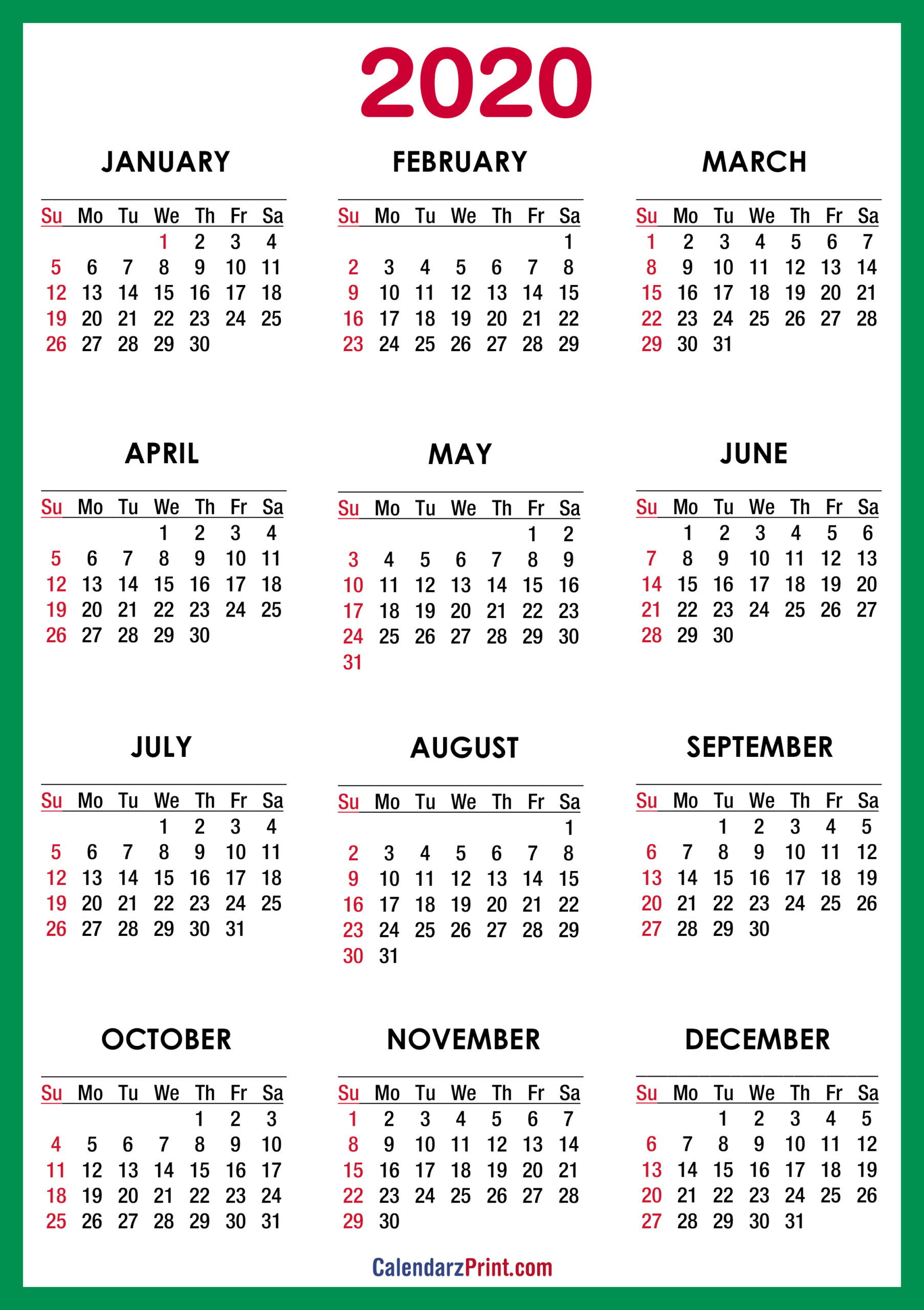 Free Printable 2020 Calendar Hd, Green - Ss