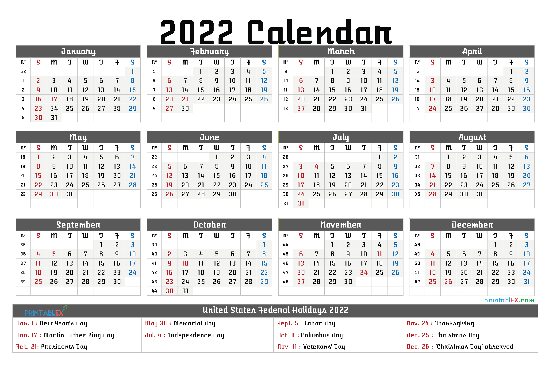 Free Printable 2022 Calendar By Year Pdf And Png - Free