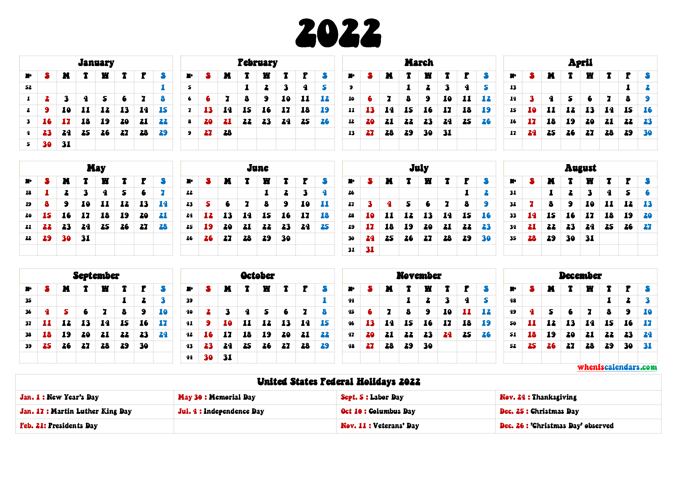 Free Printable 2022 Calendar With Holidays | Free Letter