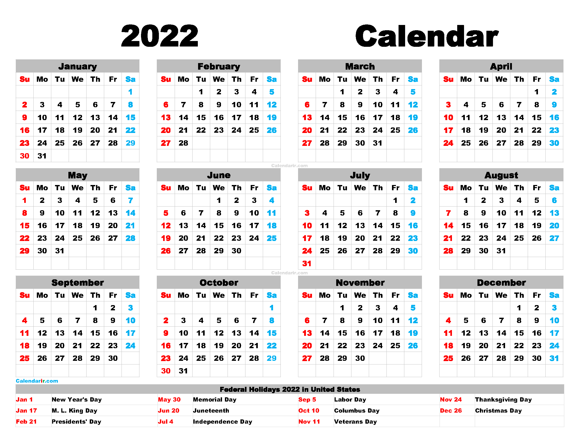 Free Printable 2022 Calendar With Holidays Pdf, Png