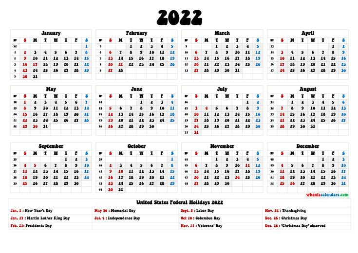 Free Printable 2022 Yearly Calendar With Holidays - 6