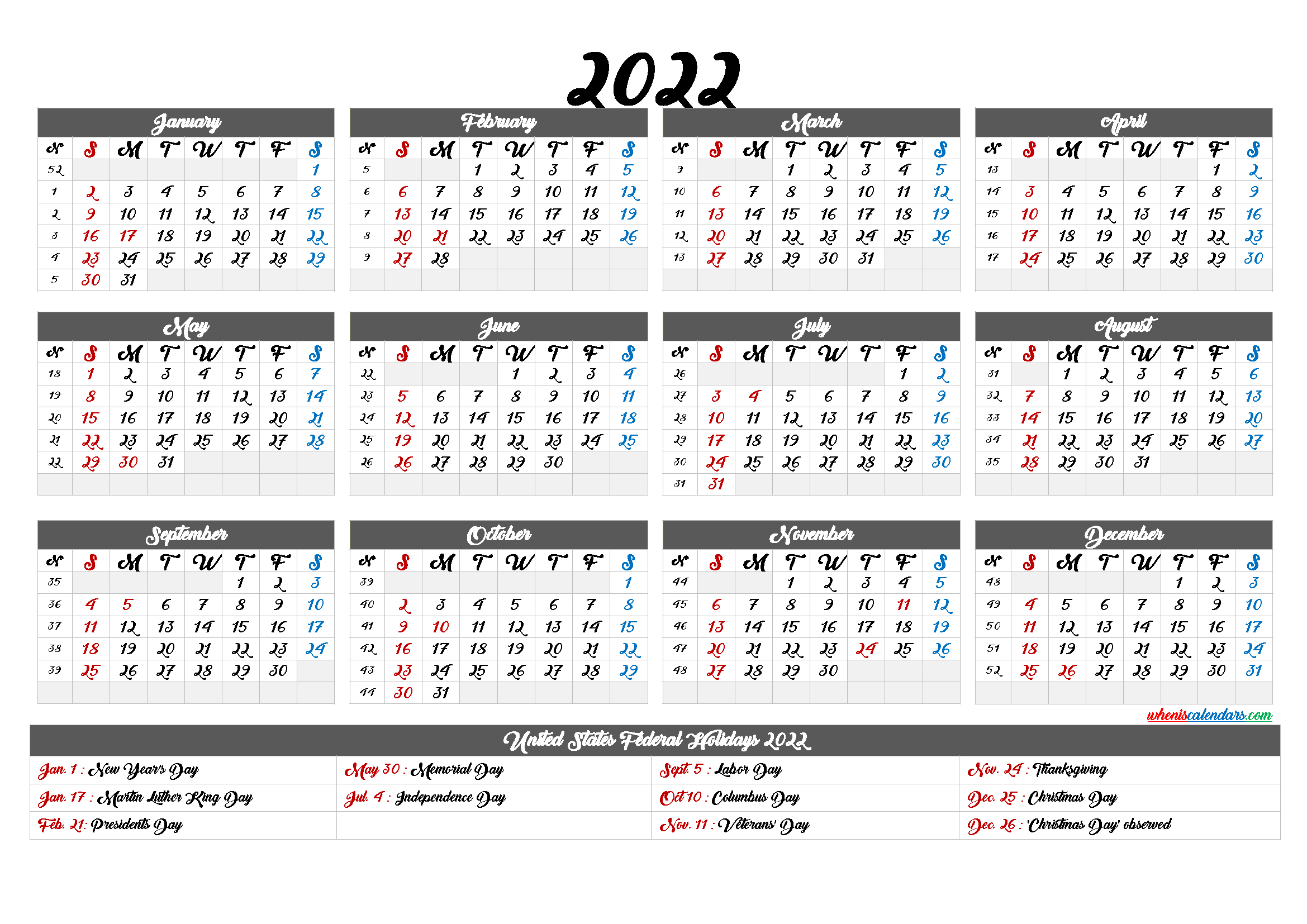 Free Printable 2022 Yearly Calendar With Holidays - 6