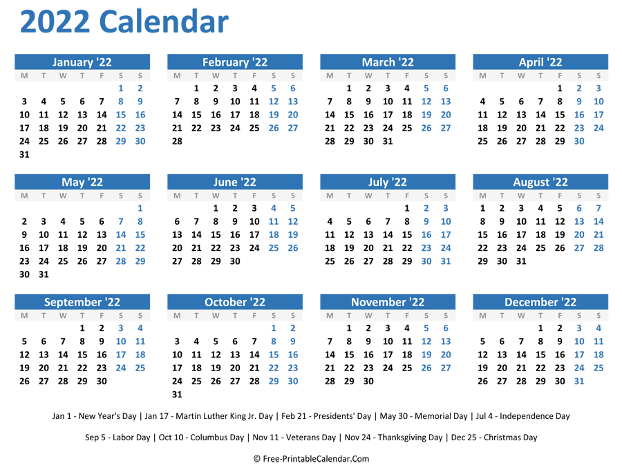 Free Printable 2022 Yearly Calendar With Holidays | Free