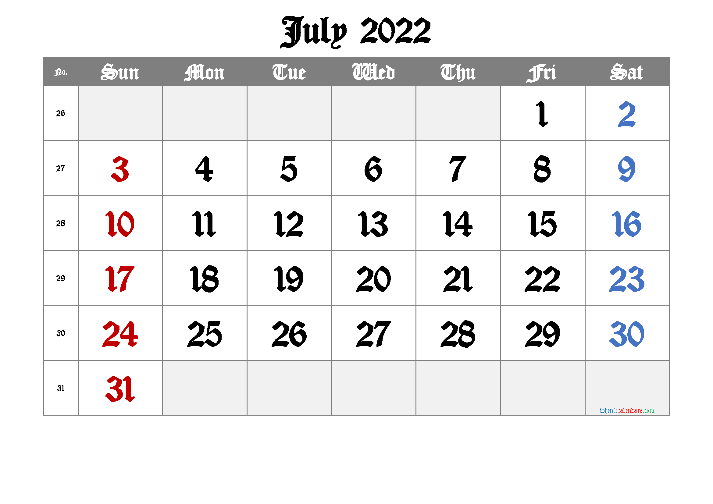 Free Printable Calendar 2022 July [Free Premium]