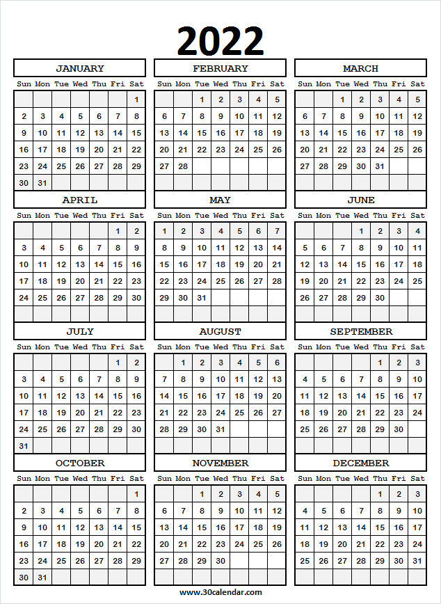 Free Printable Calendar 2022 Yearly | January To December