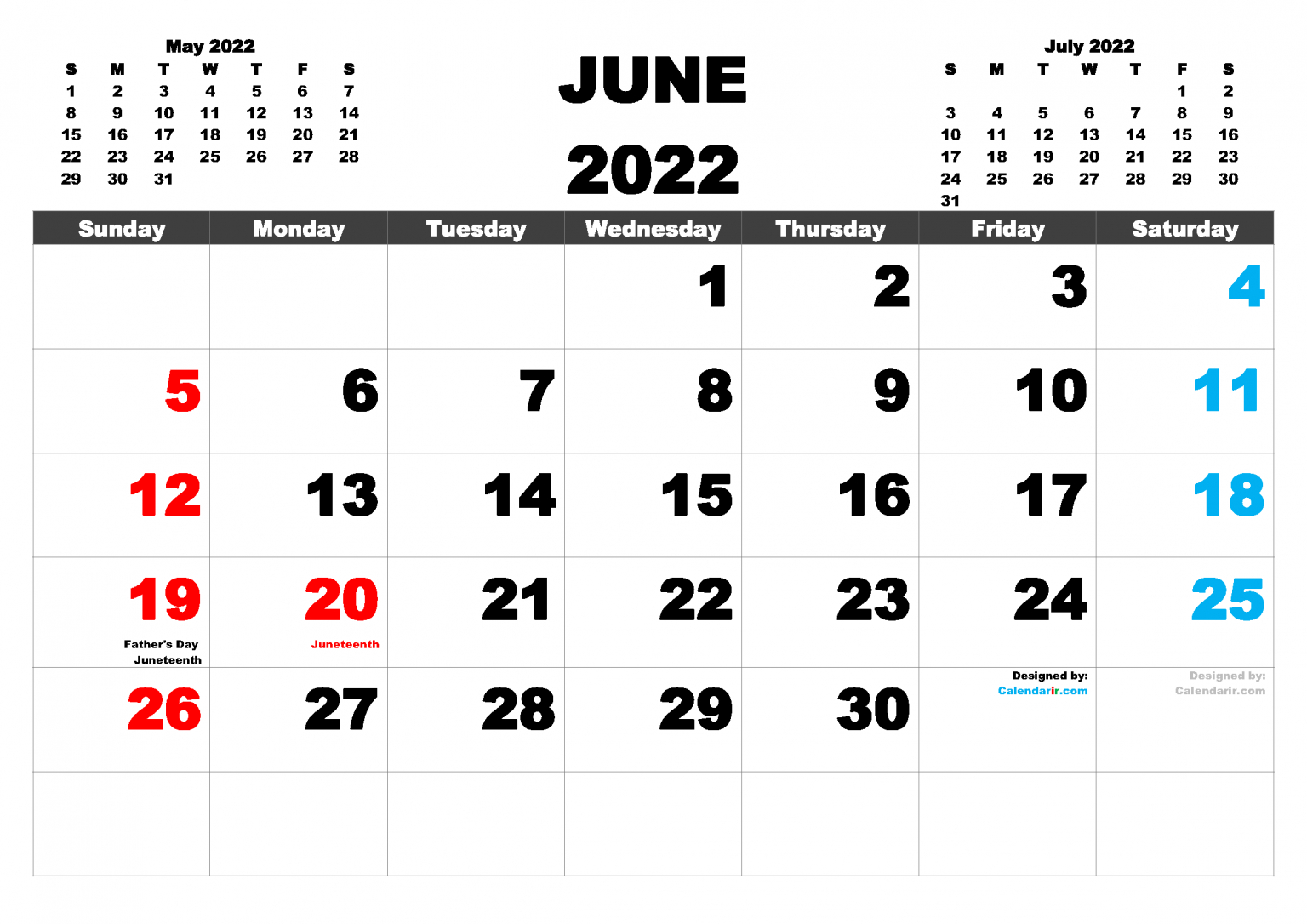 Free Printable June 2022 Calendar - 2022 Calendar Printable