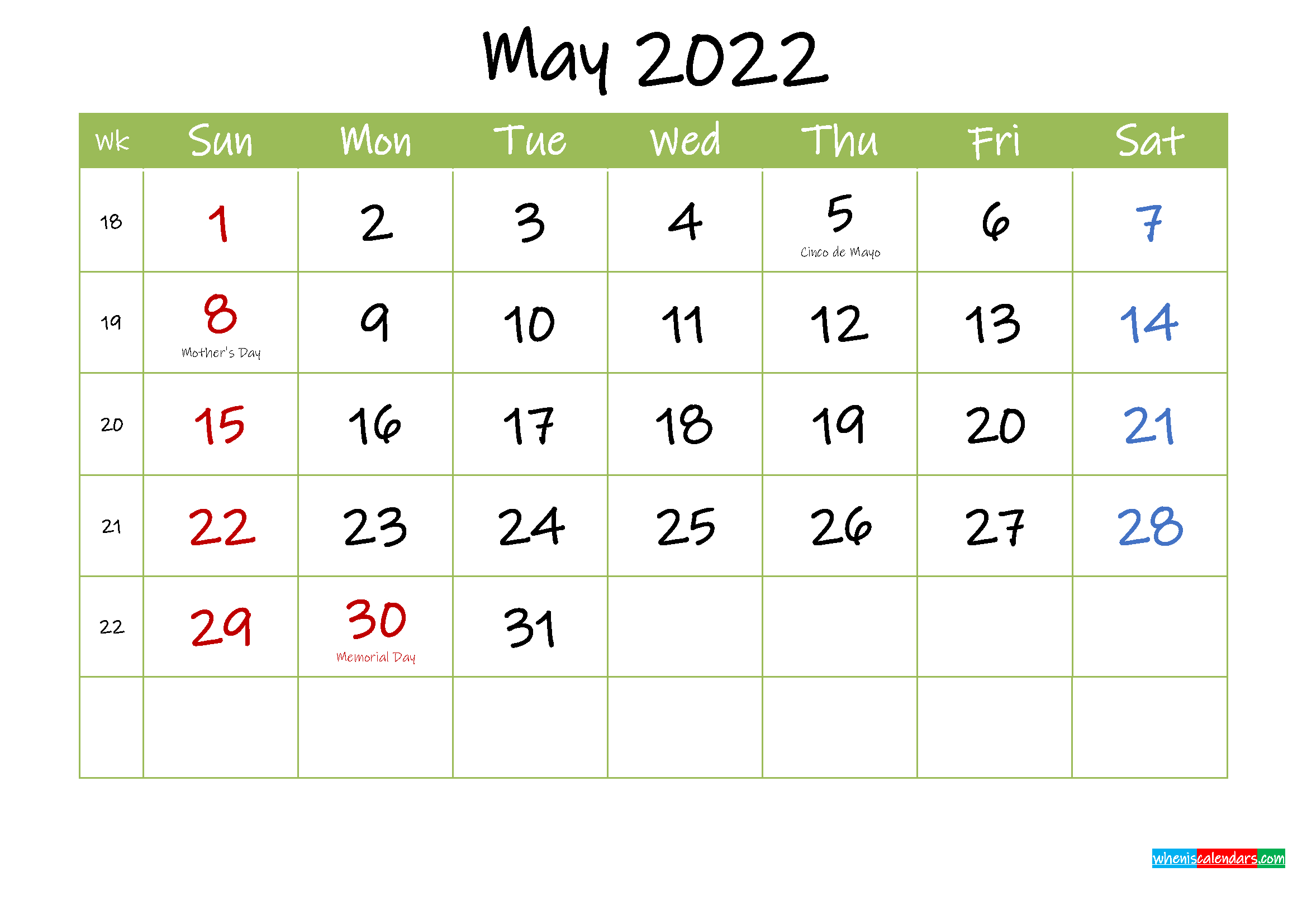 Free Printable May 2022 Calendar With Holidays - Template