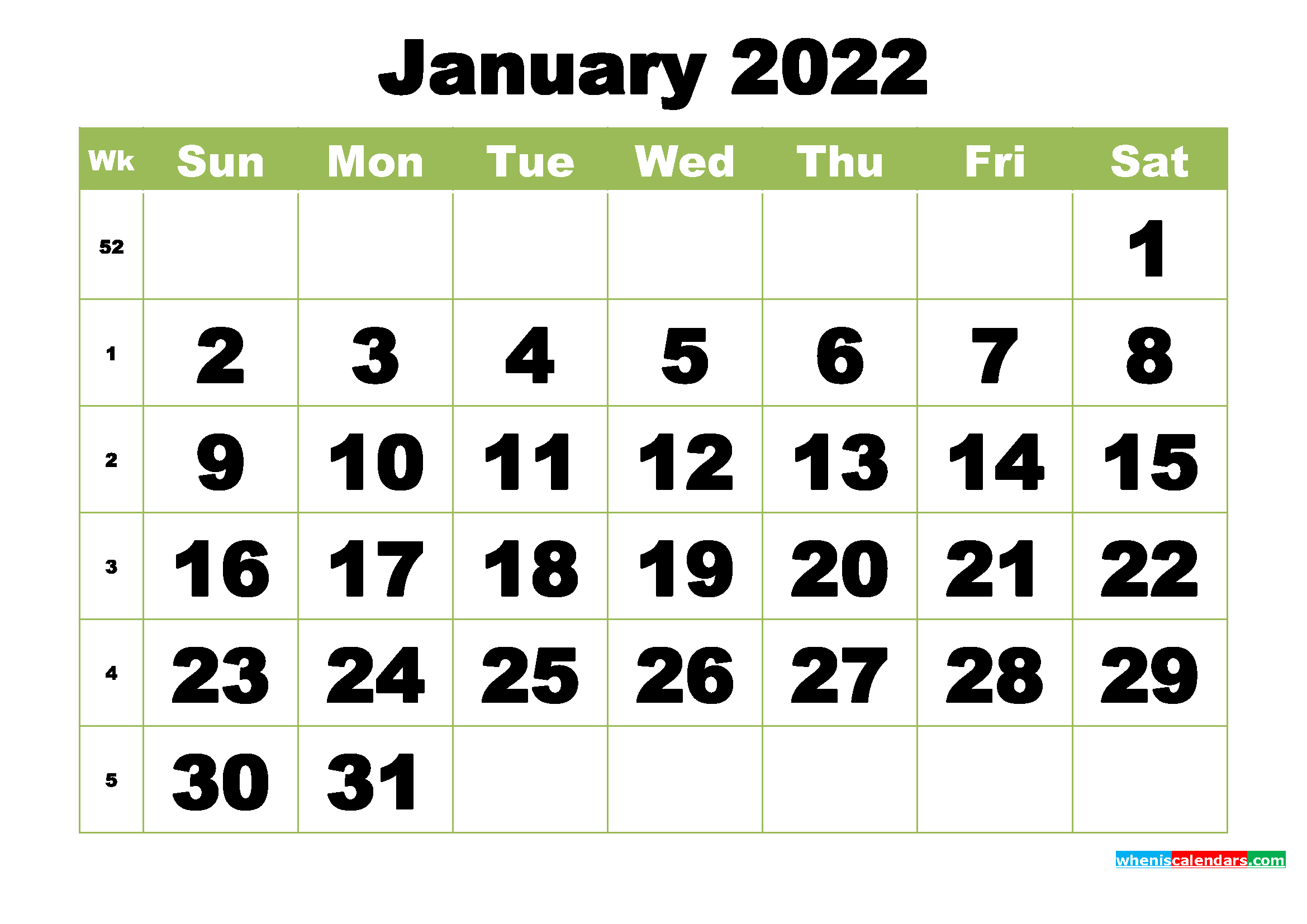 Free Printable Monthly Calendar January 2022 - Free