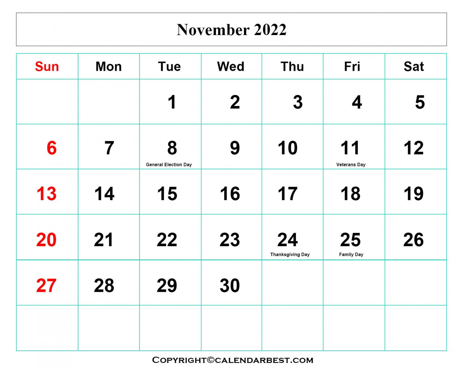 Free Printable November Calendar 2022 With Holidays