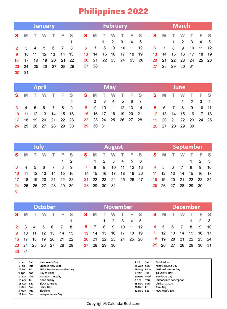 Free Printable Philippines Calendar 2022 With Holidays