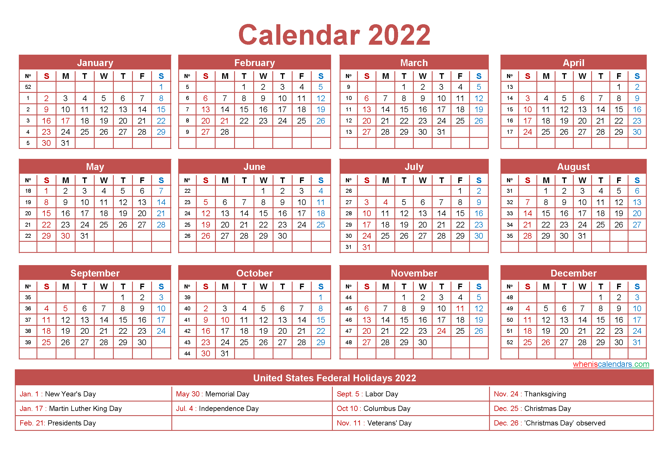 Free Printable Yearly 2022 Calendar With Holidays As Word, Pdf