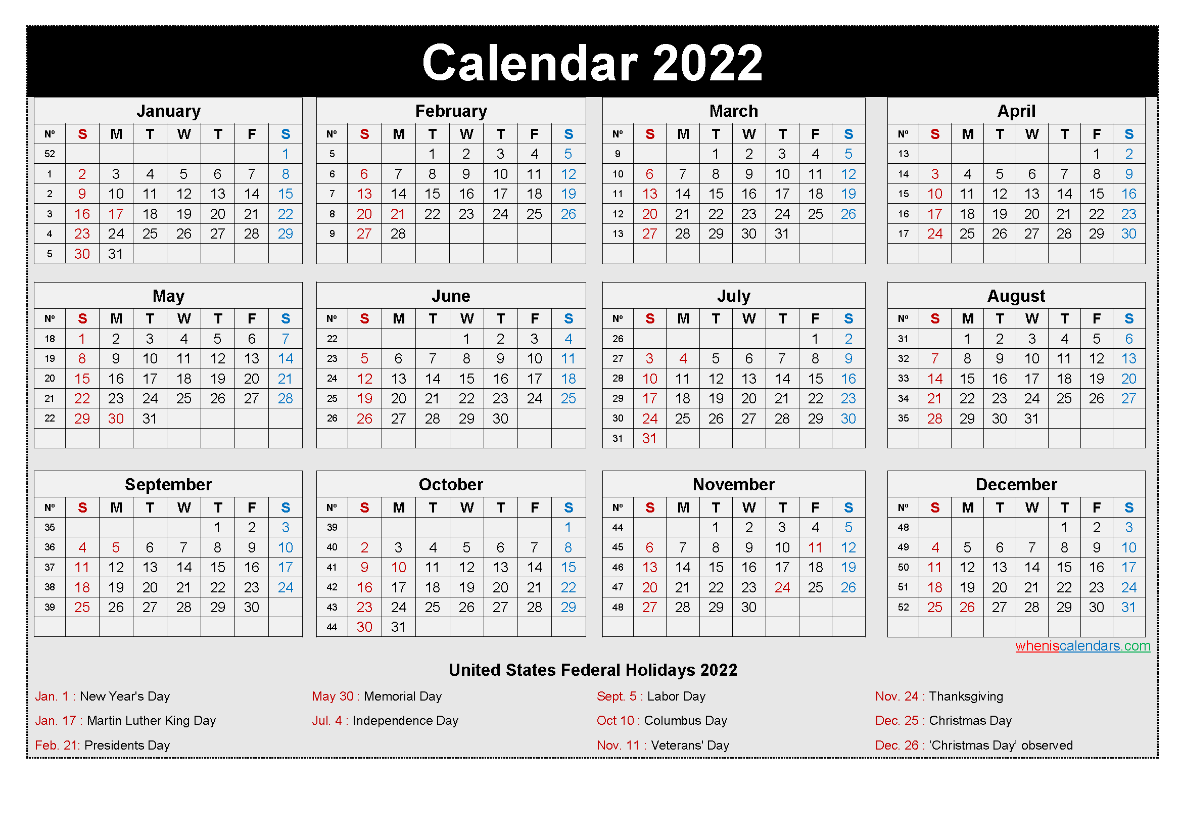 Free Printable Yearly 2022 Calendar With Holidays As Word