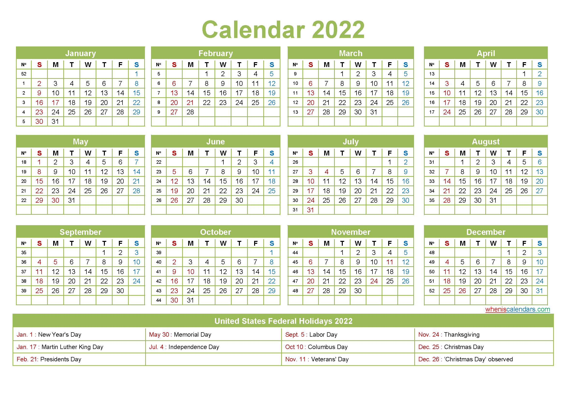 Free Yearly 2022 Calendar With Holidays Word, Pdf | Free