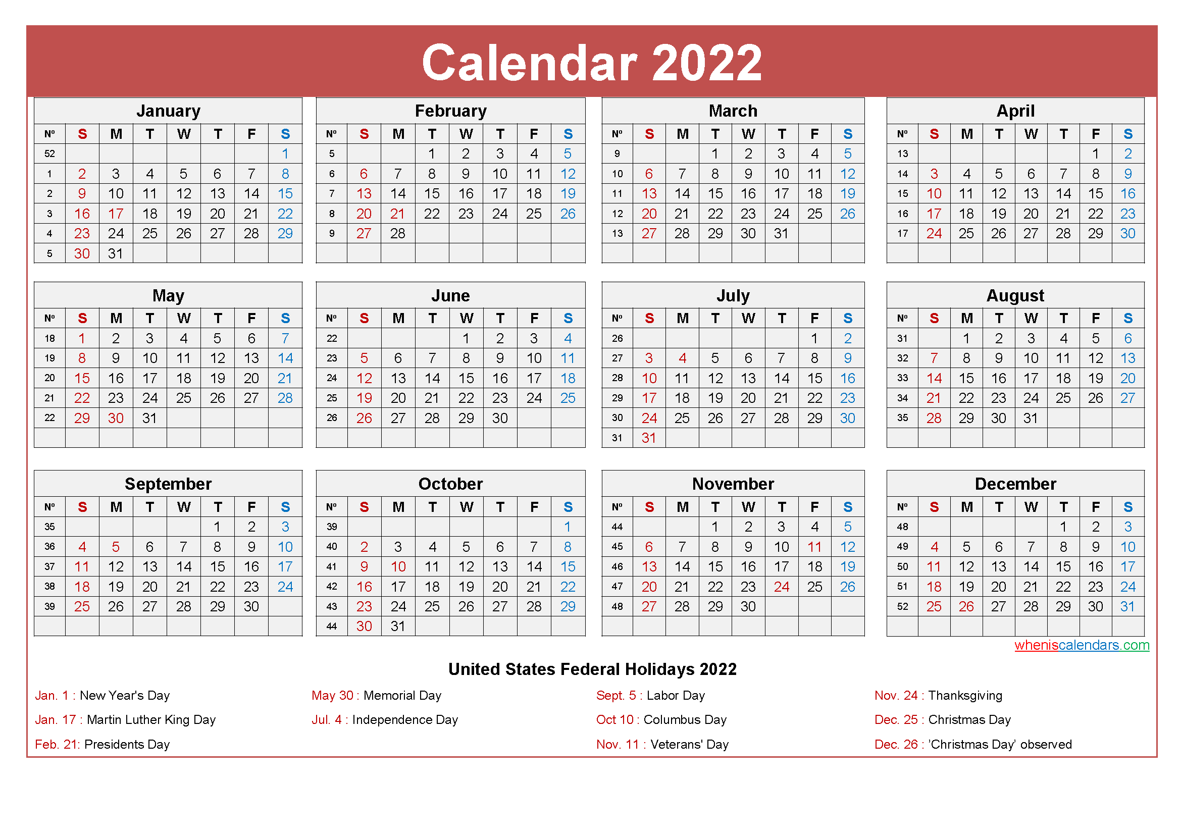 Free Yearly 2022 Calendar With Holidays Word, Pdf - Free