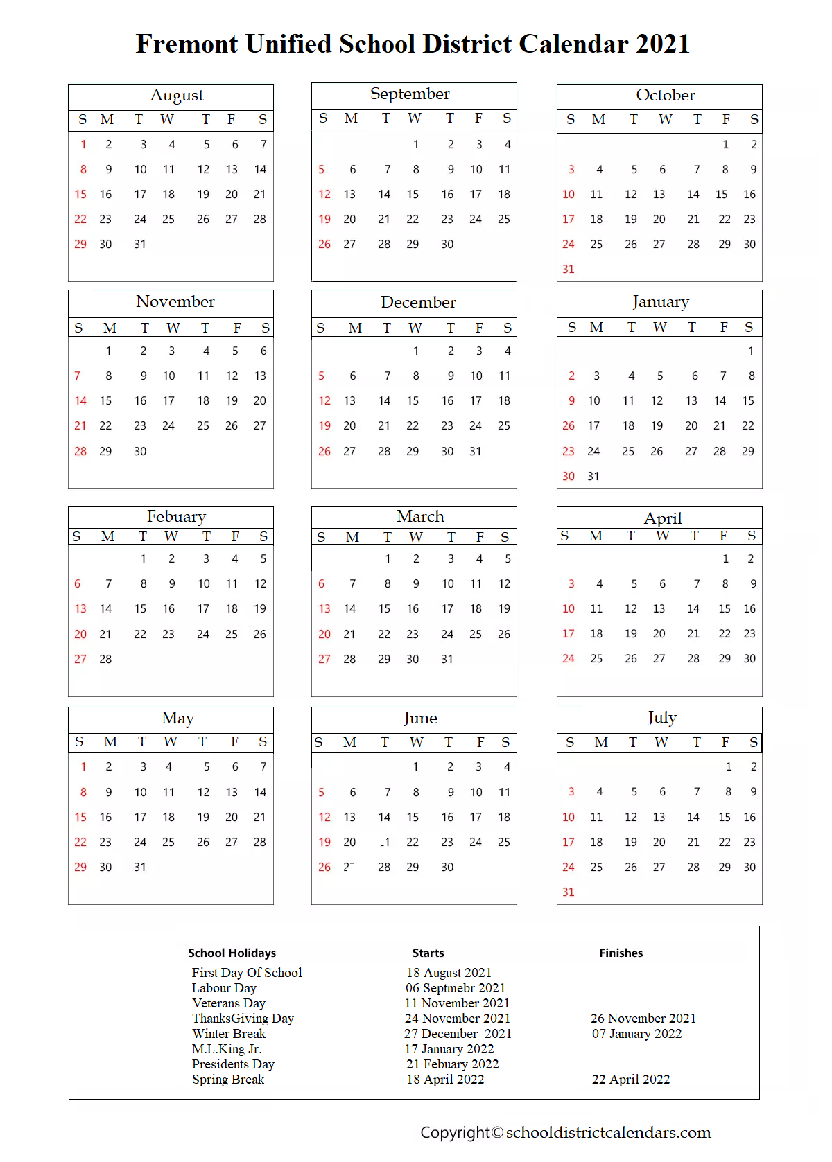 Fremont Unified County School District Proposed Calendar