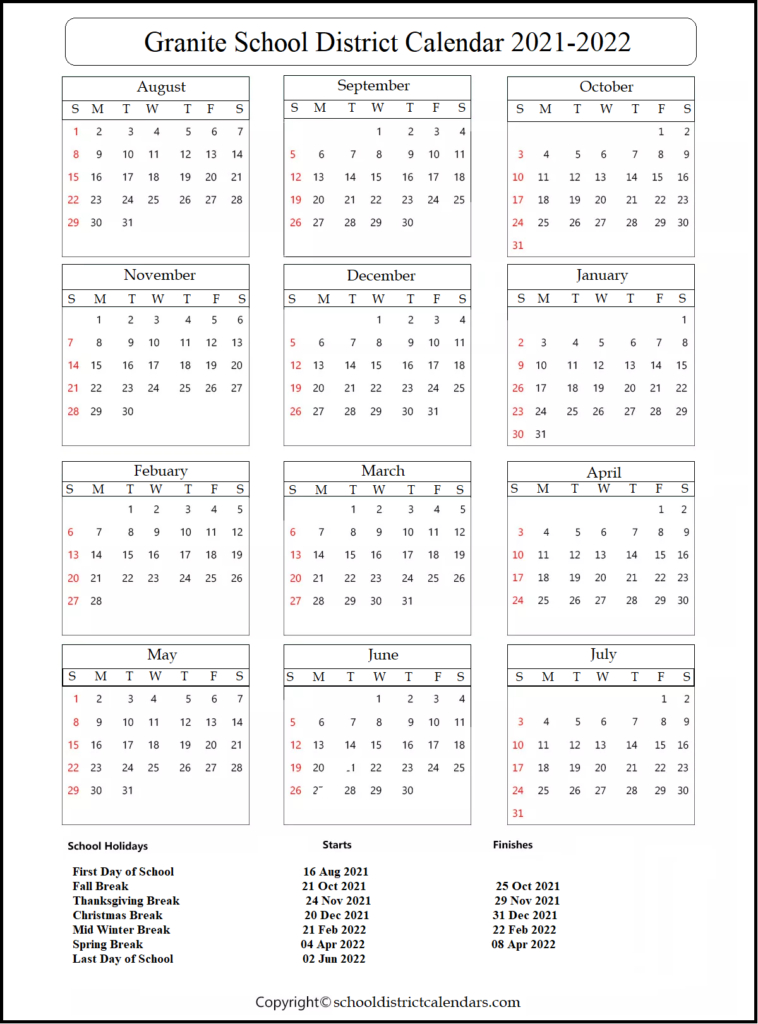 Granite School District Calendar 2021-2022 With Holidays