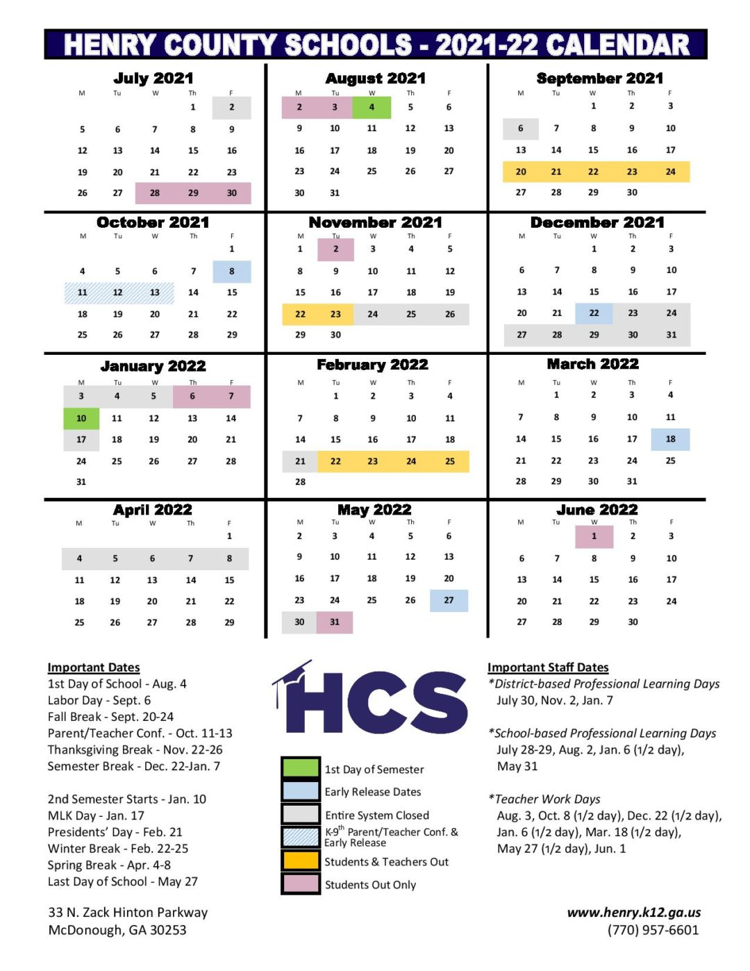 Henry County Schools Calendar 2021-2022 In Pdf