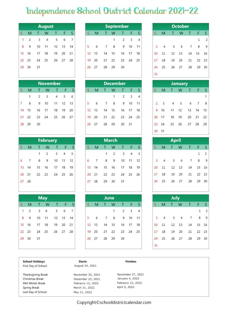 Independence School District Calendar Holidays 2021-2022