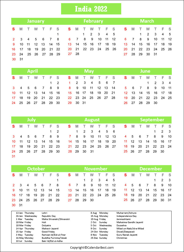 India Holiday 2022 | Best Printable Calendar