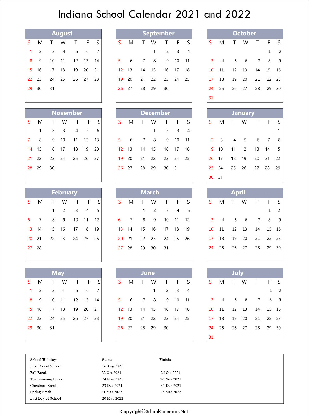 Indiana School Calendar 2021-2022 [County School District]
