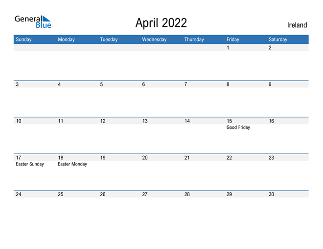 Ireland April 2022 Calendar With Holidays