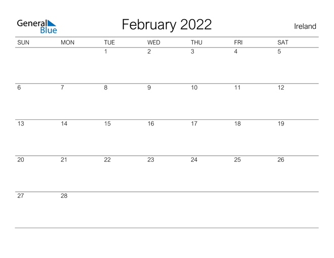 Ireland February 2022 Calendar With Holidays