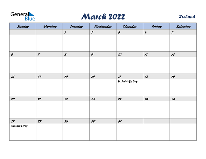 Ireland March 2022 Calendar With Holidays