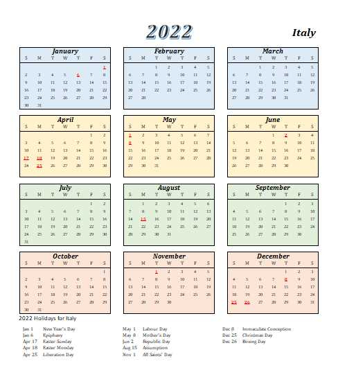 Italy 2022 Calendar With Holidays | 2021Printablecalendar