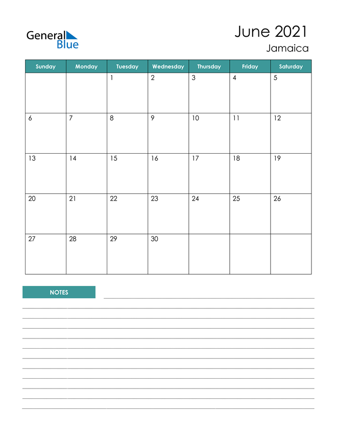 Jamaica June 2021 Calendar With Holidays
