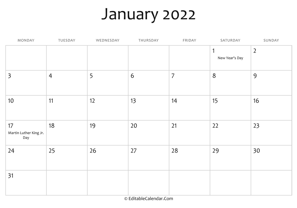 Jan 2022 Calendar Printable | Free Letter Templates