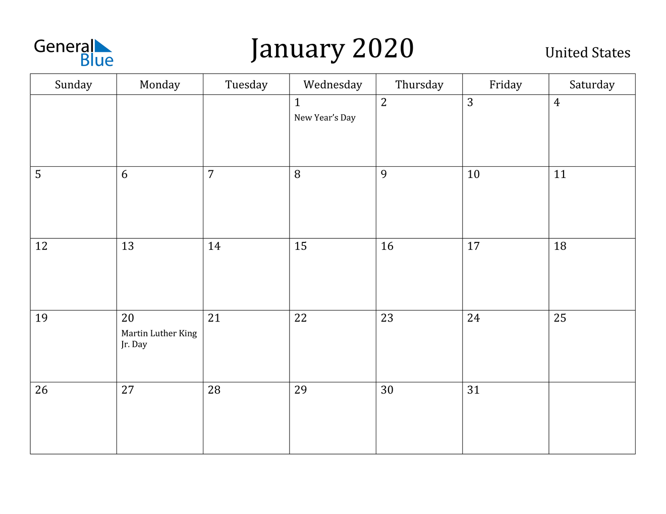 January 2020 Calendar - United States