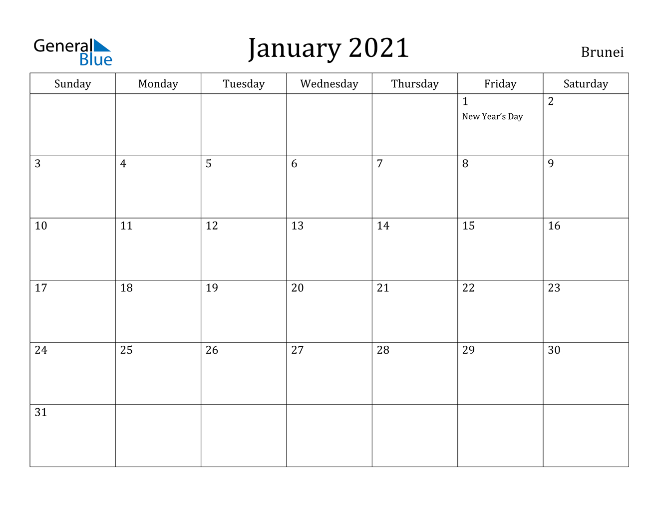 January 2021 Calendar - Brunei