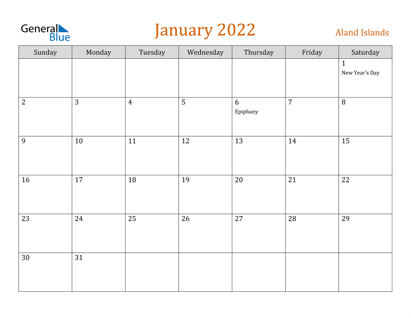 January 2022 Calendar - Aland Islands